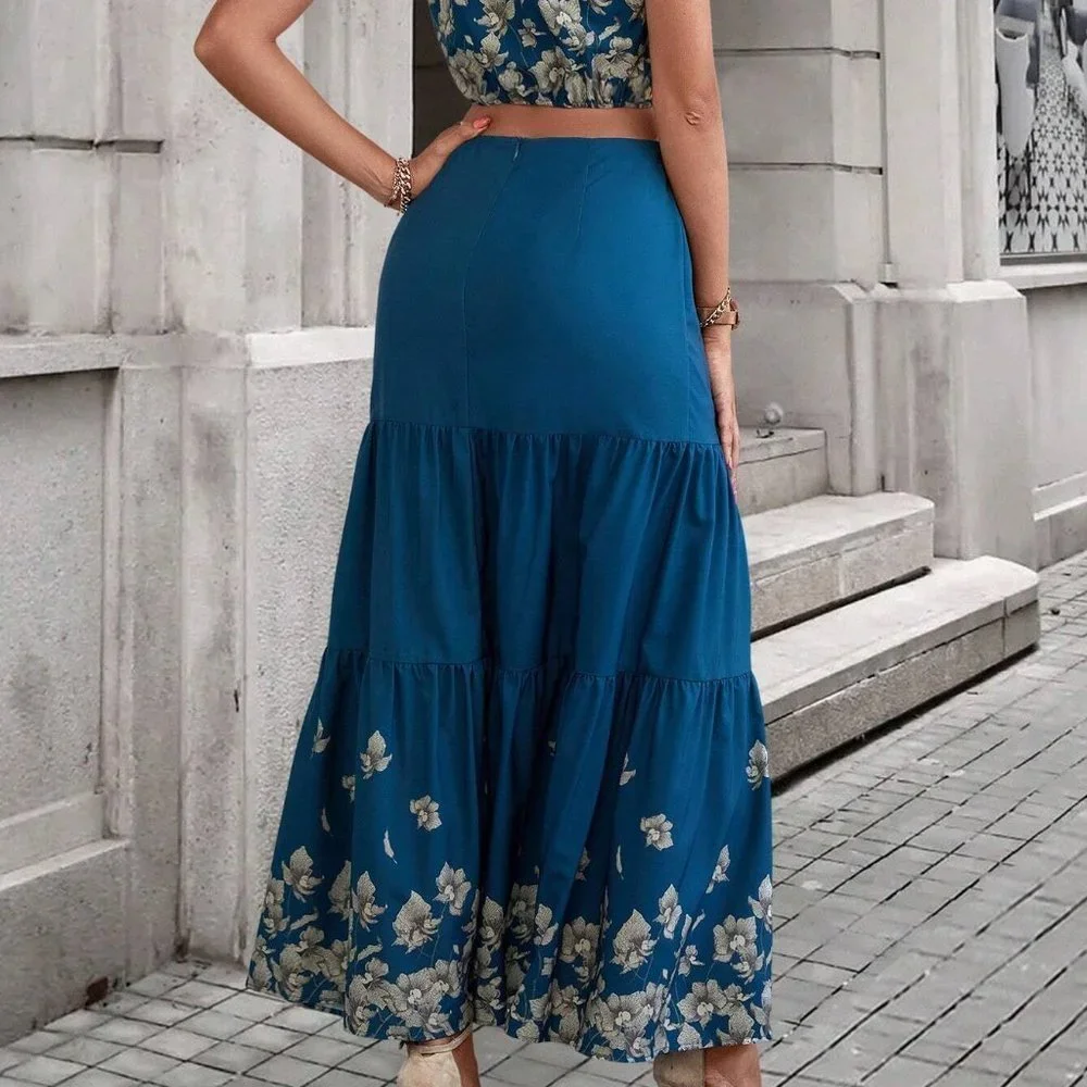 Blue Boho Womens Floral Print One Shoulder Crop Blouse & Split Thigh Skirt - Picture 2 of 5